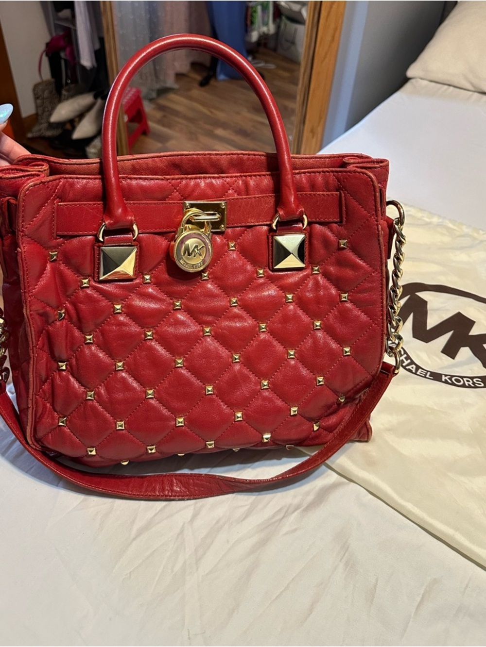 Michael Kors Red Quilted Studded Satchel with Gold Hardware